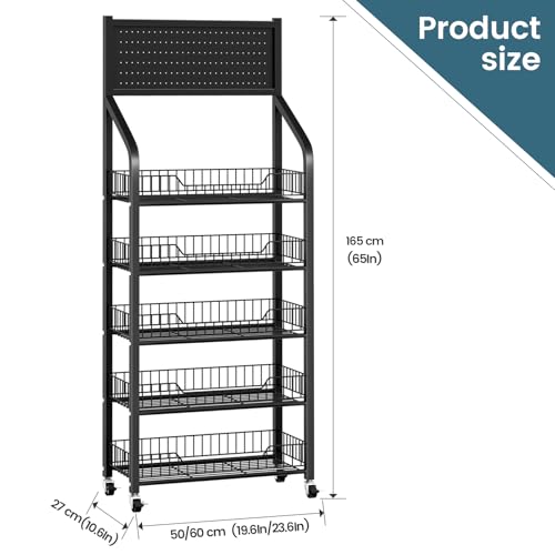 50cm Black Metal Snack Display Rack with Hooks & Wheels - 5 Tiers for Retail & Home Use