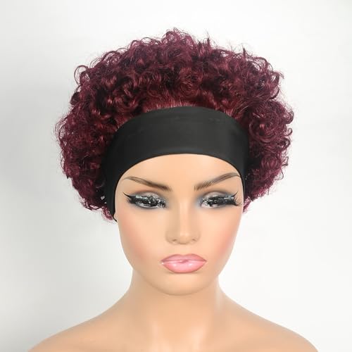 Red Short Curly Human Hair Headband Wig - Burgundy #99J 6 Inch, Glueless, 150% Density
