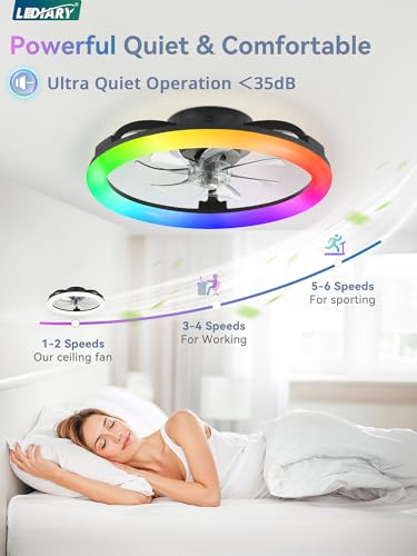 LEDIARY 20 Inch Black RGB Ceiling Fan with Lights & Remote, Dimmable Modern Flush Mount