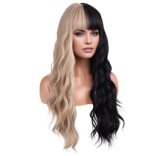 Half Black and Blonde Long Wavy Curly Wig for Women with Bangs - Synthetic Hair, Adjustable Cap