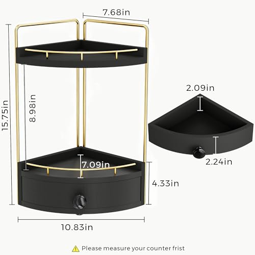 2-Tier Corner Bathroom Counter Organizer with Drawer Black Gold 7.68" x 7.68" x 15.75"