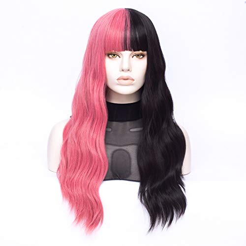 Morticia Pink and Black Wavy Half Wig with Bangs for Cosplay & Parties