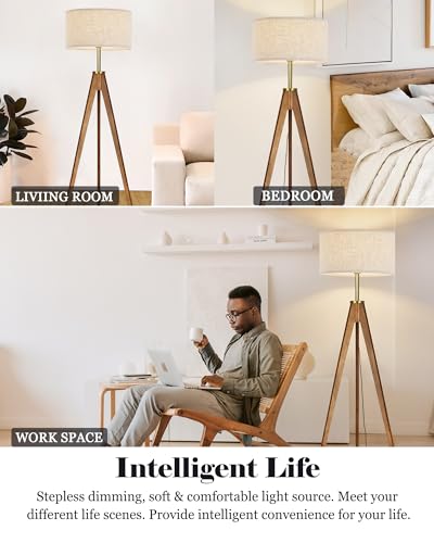 Ash Wood Brown Floor Lamp with Remote Control - Dimmable Tripod Standing Lamp for Living Room & Bedroom