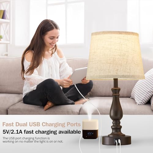 EJIAXIN Set of 2 Beige Fabric Dimmable Touch Bedside Table Lamps with USB-C + A Ports