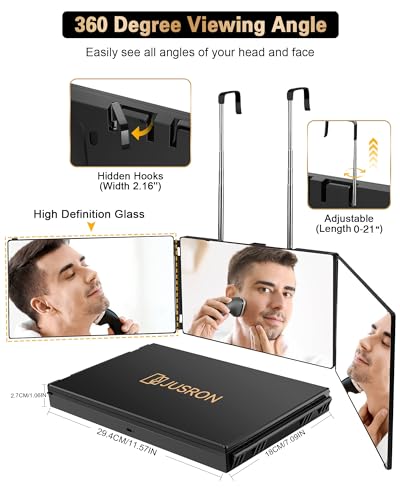 JUSRON Black Self Hair Cutting Mirror with 360 View & Adjustable Height – No LED