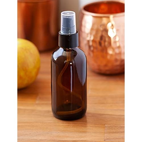 JUVITUS 4 oz Amber Glass Boston Round Bottle with Black Treatment Pump (6 pack) + Funnel
