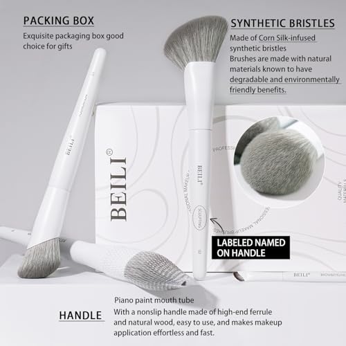 White Professional Makeup Brush Set - 12 Dense Synthetic Brushes for Face & Eyes, Elegant Storage
