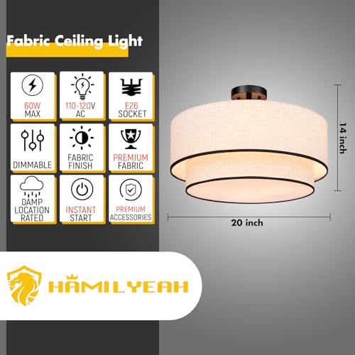 Hamilyeah 20 Inch Beige & Black Double Layer Semi Flush Mount Ceiling Light with 4 Lights