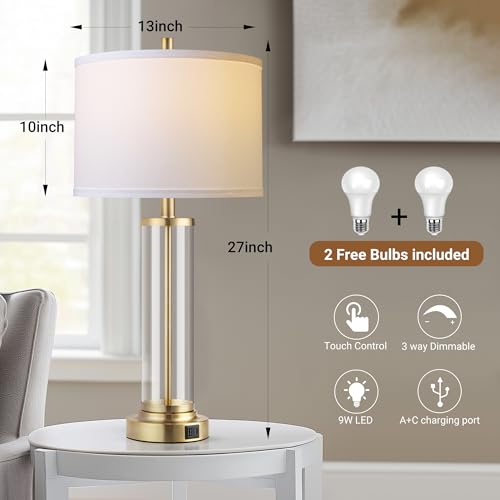 Glass Table Lamps Set of 2 - Modern Gold Dimmable Bedside Lamps with USB Charging - Variation of Gold