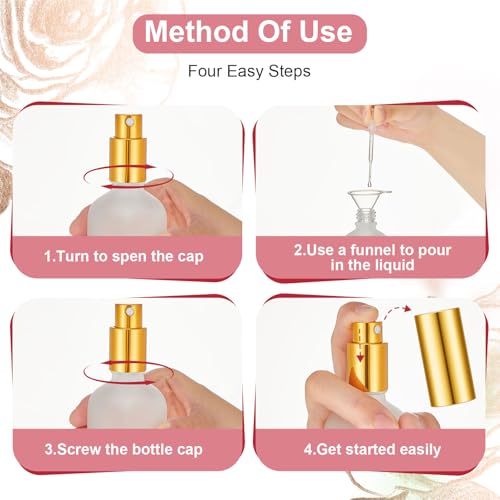 18 Pack 3.4 oz Glass Spray Bottles, Empty Perfume Frosted Fine Mist Atomizer, Refillable Small Travel Containers for Cleaning Products, Essential Oils, Body Sprays- Gold, Rose Golden, Silver