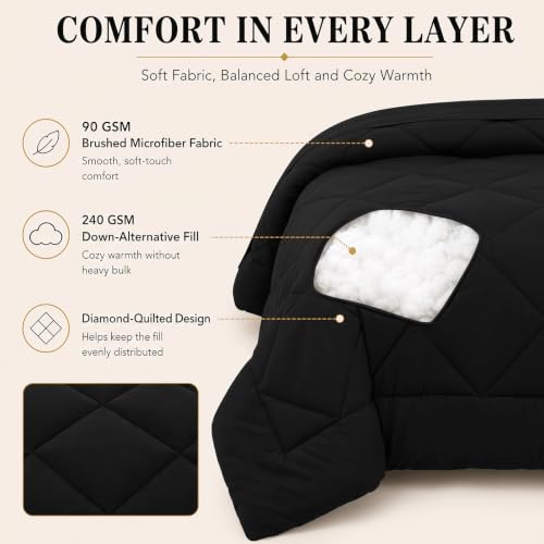 CozyLux King Size Black Comforter Set 102x90 Inches 7 Piece Bed in a Bag
