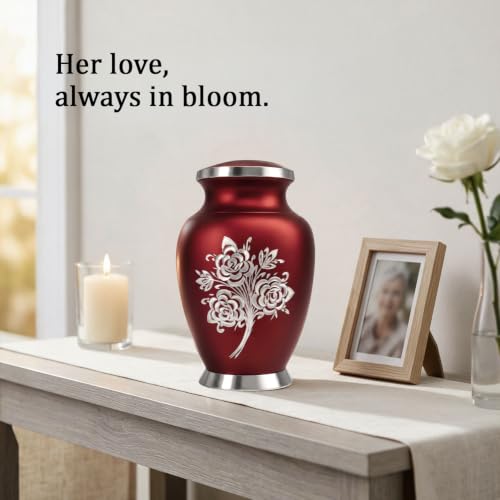 Large Red Cremation Urn for Women - 200 cu in Handcrafted Rose Design - Solace Forever
