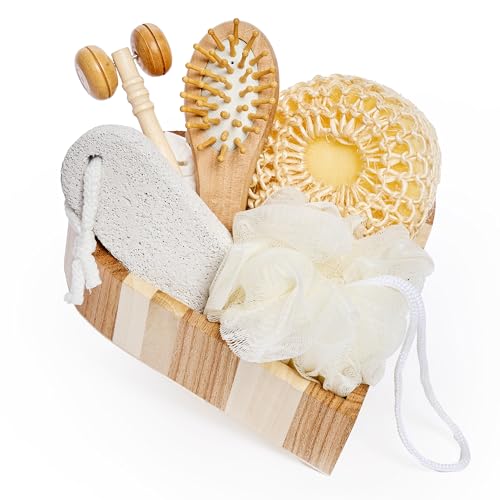 Bella Ciao 6-Piece Body and Skincare Set, Women¡¯s Spa Gift Basket with Face Massage Roller, Hair Brush, Exfoliating Tools and Wooden Tray, Self Care Bath Accessories