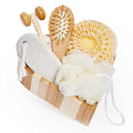 Bella Ciao 6-Piece Body and Skincare Set, Women¡¯s Spa Gift Basket with Face Massage Roller, Hair Brush, Exfoliating Tools and Wooden Tray, Self Care Bath Accessories