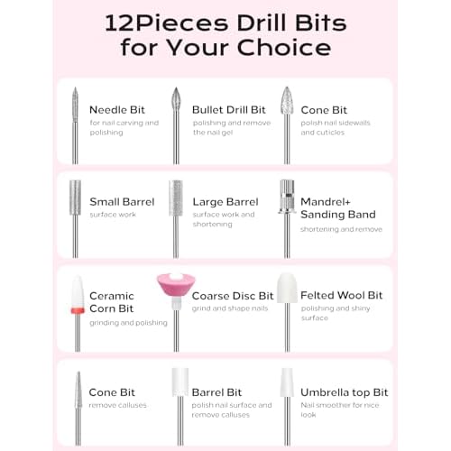 Electric Nail Drill Professional Kit: 45,000 RPM USB Rechargeable Efile Nail Drill Nail File with 12 Bits for Polishing Gel/Acrylic Nails- Portable Manicure Tool Set for Salon/Home-Pink