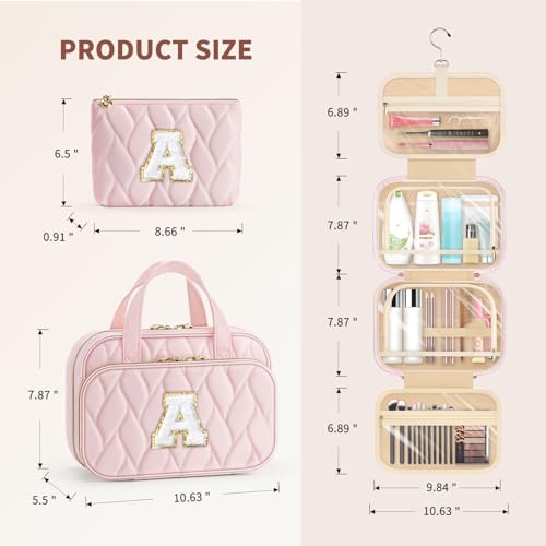 Personalized Pink Hanging Toiletry Bag with Initial M - Gift for Women & Teen Girls