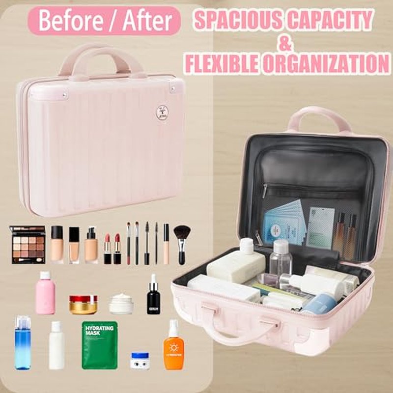 14 Inch Portable Makeup Travel Case Hand Luggage, Hard Shell ABS Cosmetic Organizer with Safety Lock, Small Carry-On Travel Bag for Women£¨Pink£©