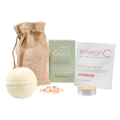 emerginC At-Home Luxury Spa Kit, Scientific Organics - 5-Piece Skincare + Self Care Set - Resurfacing Facial Kit, Revital-Eyes Mask, Essential Oil Bath Bomb, Himalayan Bath Salts + Beeswax Candle