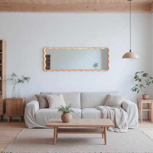 Tunjig 18x48 Inch Solid Wood Full Length Floor Mirror - Natural, Wavy Frame