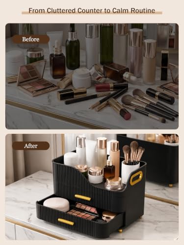 Booklov Large Makeup Organizer with 2 Drawers, Tall Bottle Storage - Black M01