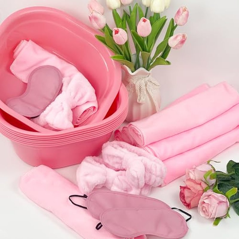 32 Pcs Foot Spa Kit for Kids, Light Pink 8 Foot Tubs for Soaking & 8 Towels & 8 Hairbands & 8 Eye Masks, Spa Party Supplies for Girls for Sleepovers Slumber Party