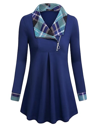 VALOLIA Blue XX-Large Women's Casual Swing Sweatshirt with Zipper Lapel Tunic