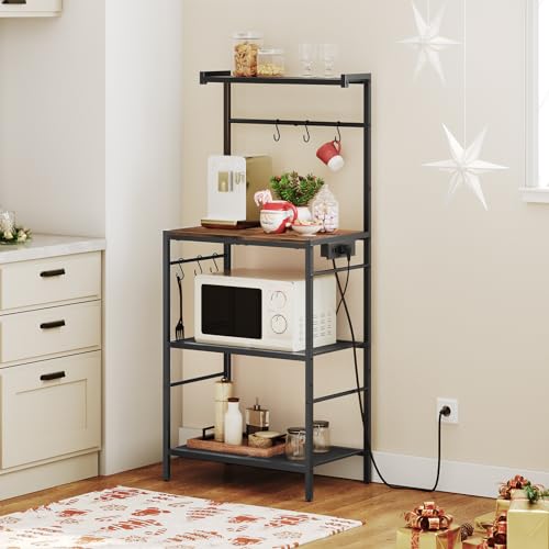 MAHANCRIS Rustic Brown & Black 22.4-inch Kitchen Bakers Rack with Power Outlet & Hooks