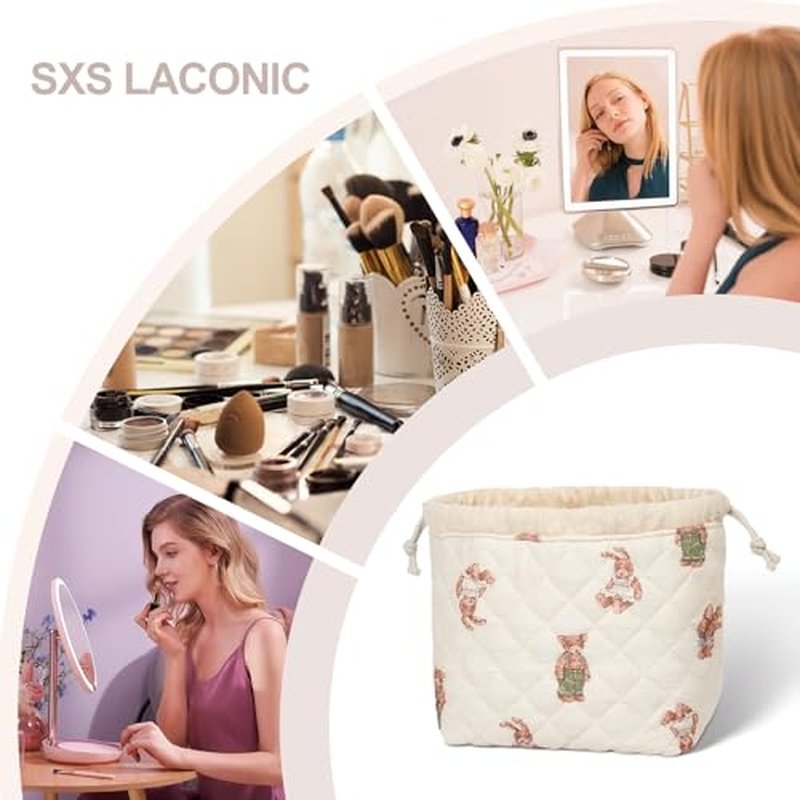 Drawstring Quilted Makeup Bag, Cosmetic Pouch, Coquette Cute Organizer, Small Make up Bag for Purse, Women's Portable Travel Cosmetic Bag
