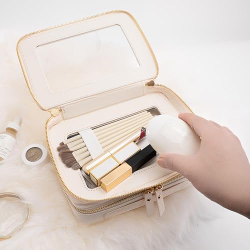 Aveniee Off-White Large Double Layer Clear Makeup Bag - Cosmetic Train Case