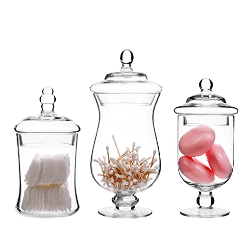 MyGift Clear Glass Apothecary Jars with Lid Set of 3 - Decorative Footed Vases