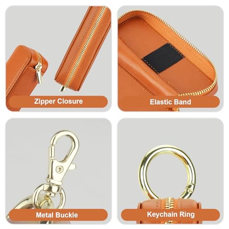 Bocasal Leather Lipstick Case Holder Chapstick Keychain Pouch, Zipper Lip Balm Lip Gloss Bag for Purse with Key Chain Elastic Band, Makeup Travel Organizer Cosmetic Storage Kit for Women Girls (Brown)