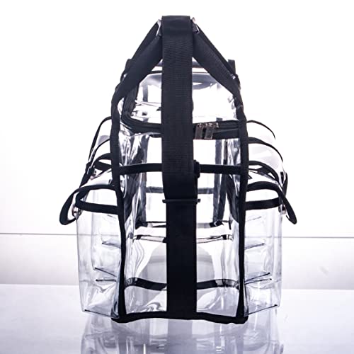 Wide Open Large Professional Clear PVC Travel Makeup Artist Set Bag Cosmetic Nails Beauty Bags Transparent Vinyl Tool Organizer Beach Bags Diaper Bag with 6 External Pockets & Strap (Black)