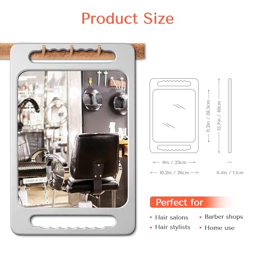 Unbreakable Handheld Barber Mirror with Double Handles - Silver Gray, 15.8 x 10.2 inches