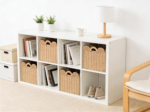 Set of 4 Scalloped Wicker Storage Cubes - 12x12x12 Inches, Khaki