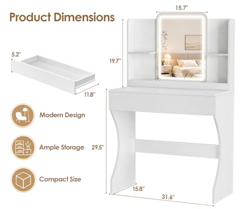 White Small Vanity Desk with Mirror & Dimmable LED Lights - B-White