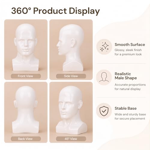 Bright White Male Mannequin Head 13.7 Inch Glossy Display Stand for Wigs & Hats - Lightmay