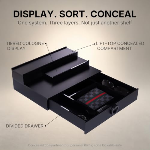 GOH&FTY Matte Black Cologne Organizer with Drawer & Hidden Compartment - 3-Tier