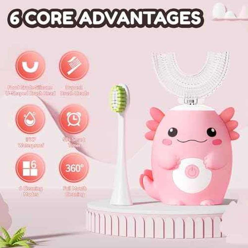 Kids Electric U Shaped Toothbrush - Axolotl Kids Sonic Toothbrush with 6 Brush Head Automatic Rechargeable 6 Cleaning Modes Full Mouth Cleaning-Pink