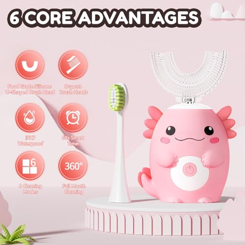 Kids U-Shaped Electric Sonic Toothbrush with Toothpaste - Pink Axolotl