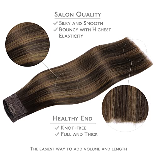 Wire Hair Extensions - Remy Human Hair with Invisible Transparent Wire - Balayage Dark Brown & Chestnut Brown - 16 Inch, 95g