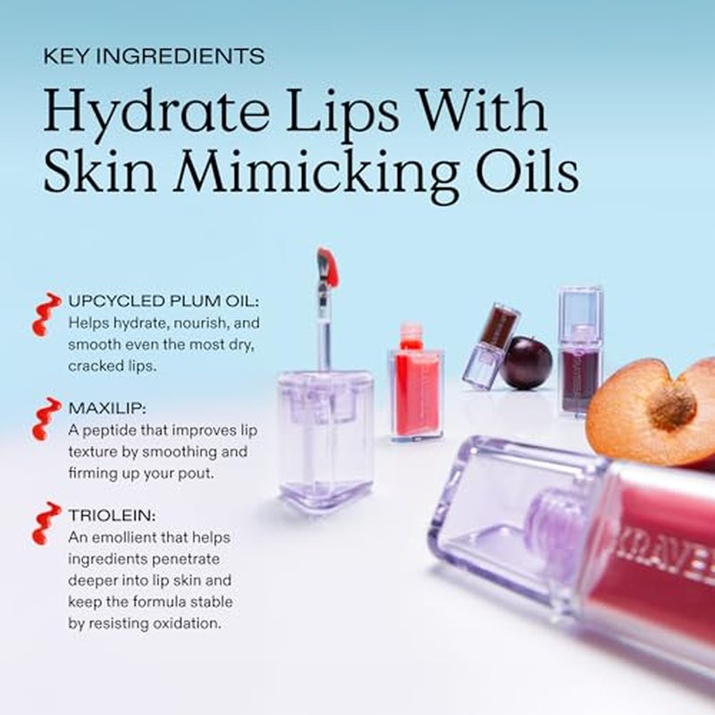 KraveBeauty Plumptuous Lip Jelly 0.24 fl oz, Antioxidant-rich Lip Oil with a Sheer & Buildable Tint, Non Sticky Formula For Fuller Looking Lips, Vegan & Cruelty Free, Iced Persimmon