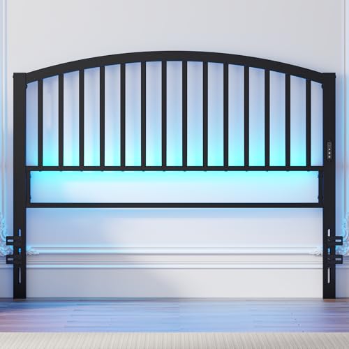 Queen Headboard with LED Lights and USB Port - Black Metal Bed Frame