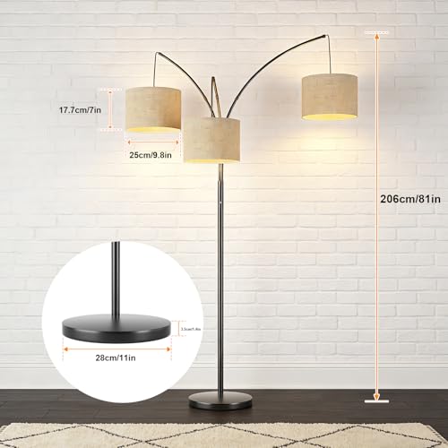 VANZBON 80 Inch Beige Arc Floor Lamp with Remote Control and 3 Adjustable Shades