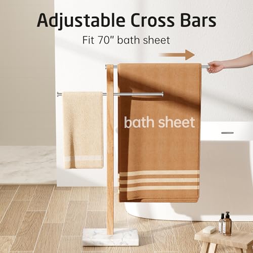 White Marble Adjustable Standing Towel Rack with 3X Thicker Base, 2-Tier, Freestanding Bathroom Organizer