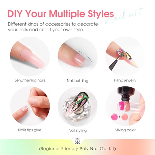 Pink Brown Poly Nail Gel Kit with 24 Colors & Nail Tools for DIY Manicure