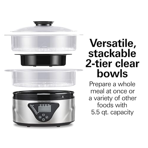 Electric Food Steamer and Rice Cooker 2-Tier 5.5 Qt Black & Stainless Steel - Stackable