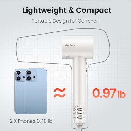 AirJetz White High-Speed Ionic Hair Dryer with Diffuser & Nozzle, 4 Temp & 2 Speed