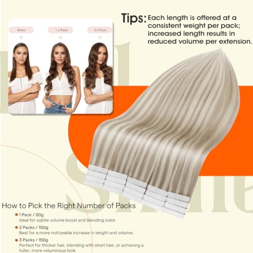 Full Shine Tape-In Hair Extensions Human Hair Ash Blonde 18/613, 12 Inch - Blended with Beige Blonde Variation P18/613