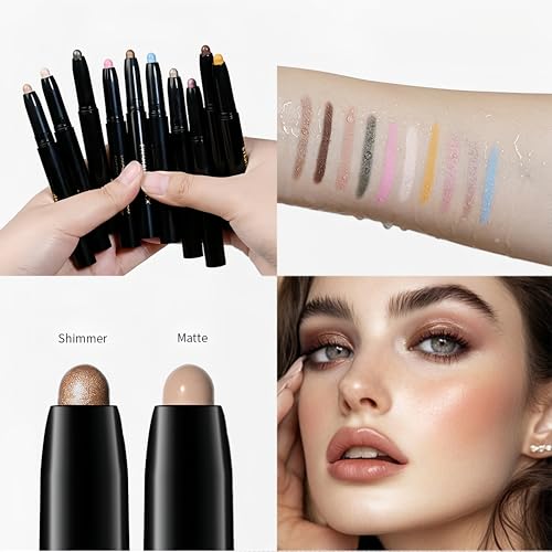 MAEPEOR 10 Colors Cream Eyeshadow Stick Silky Smooth Matte Shimmer Eyeshadow Pen Waterproof and Long Lasting Shadow Pencil for Girls and Women (Color 03)
