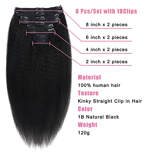 Kinky Straight Human Hair Clip-In Extensions 120g Full Head 18 Inch Natural Black